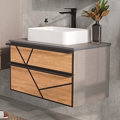 Equil Тумба с раковиной Ferro 80 2 ящика подвесная лен антрацит/дуб мадера – фотография-2