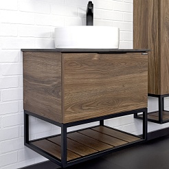 Comforty Тумба с раковиной Порто 60 9111 подвесная дуб темно-коричневый/черный муар – фотография-1