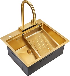 Milacio Мойка кухонная Denia 57 Steel со смесителем золото – фотография-1