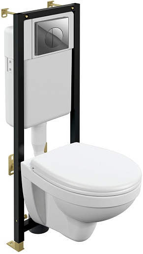 Cersanit Унитаз подвесной Delfi в комплекте с инсталляцией Black с сиденьем Trento с клавишей смыва хром глянцевый – фото-1