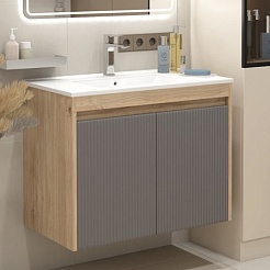 Teymi Тумба с раковиной Netta 80 Волна подвесная дуб/графит – фотография-4