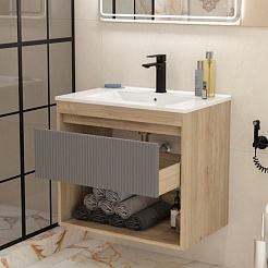 Teymi Тумба с раковиной Vitra 70 Волна подвесная дуб/графит – фотография-5