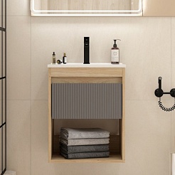 Teymi Тумба с раковиной Vitra 50 Волна подвесная дуб/графит – фотография-3