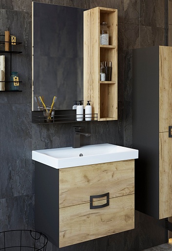 Sanflor Мебель для ванной Выборг 60 подвесная дуб крафт золотой/черная – фото-1