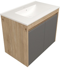 Teymi Тумба с раковиной Netta 75 Волна подвесная дуб/графит – фотография-1