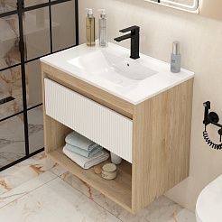 Teymi Тумба с раковиной Vitra 75 Волна подвесная дуб/белый – фотография-4