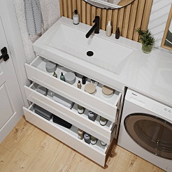 Vivon Тумба с раковиной под стиральную машину Donna 150L 3 ящика напольная белый глянец – фотография-4